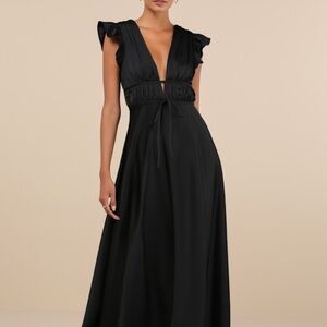 Lulus I'm All Yours Black Satin Cutout Ruffled Maxi Dress - Size L